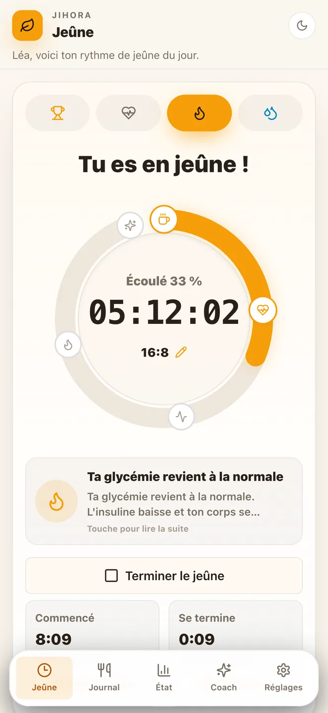 Minuteur de jeûne Jihora avec Live Activity sur l'écran verrouillé