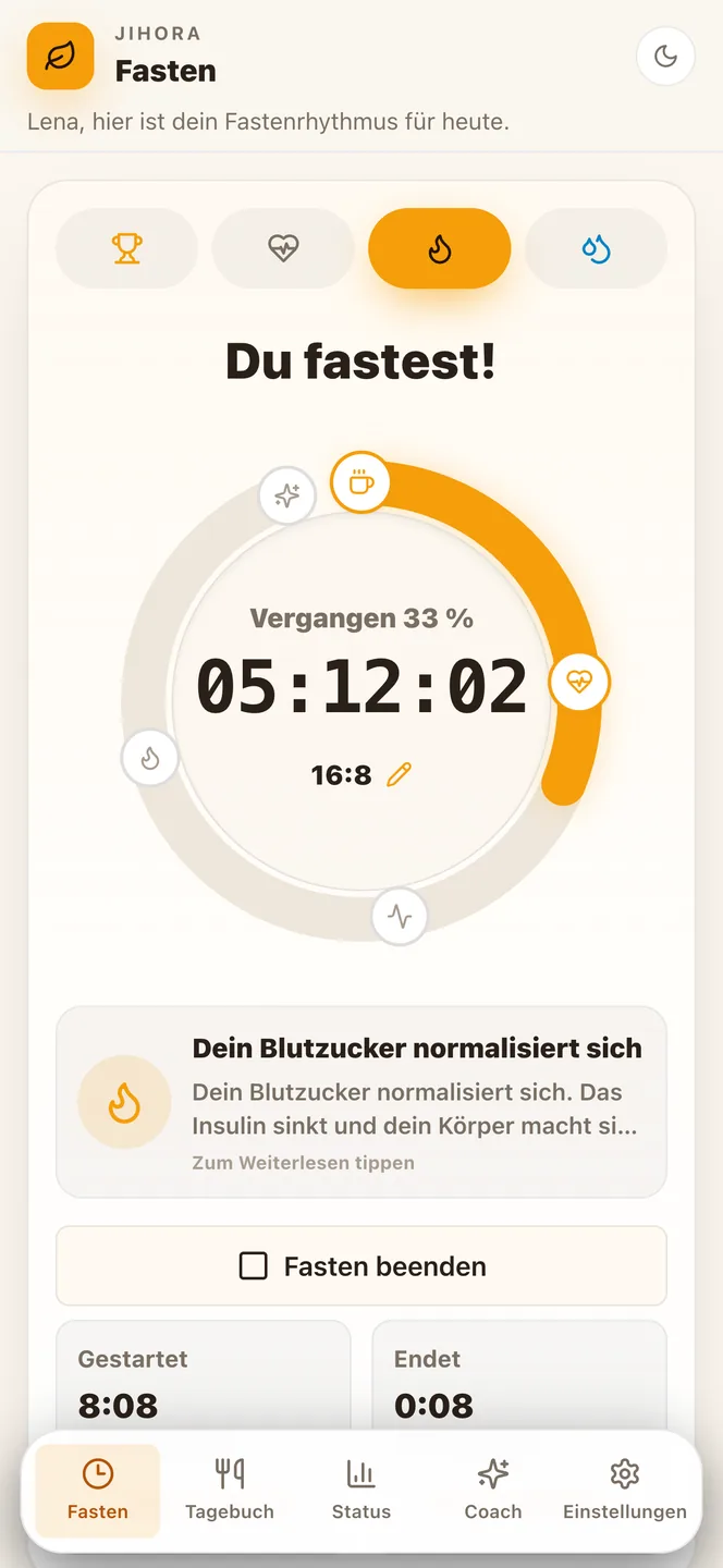 Jihora Fasten-Timer mit Live Activity auf dem Sperrbildschirm
